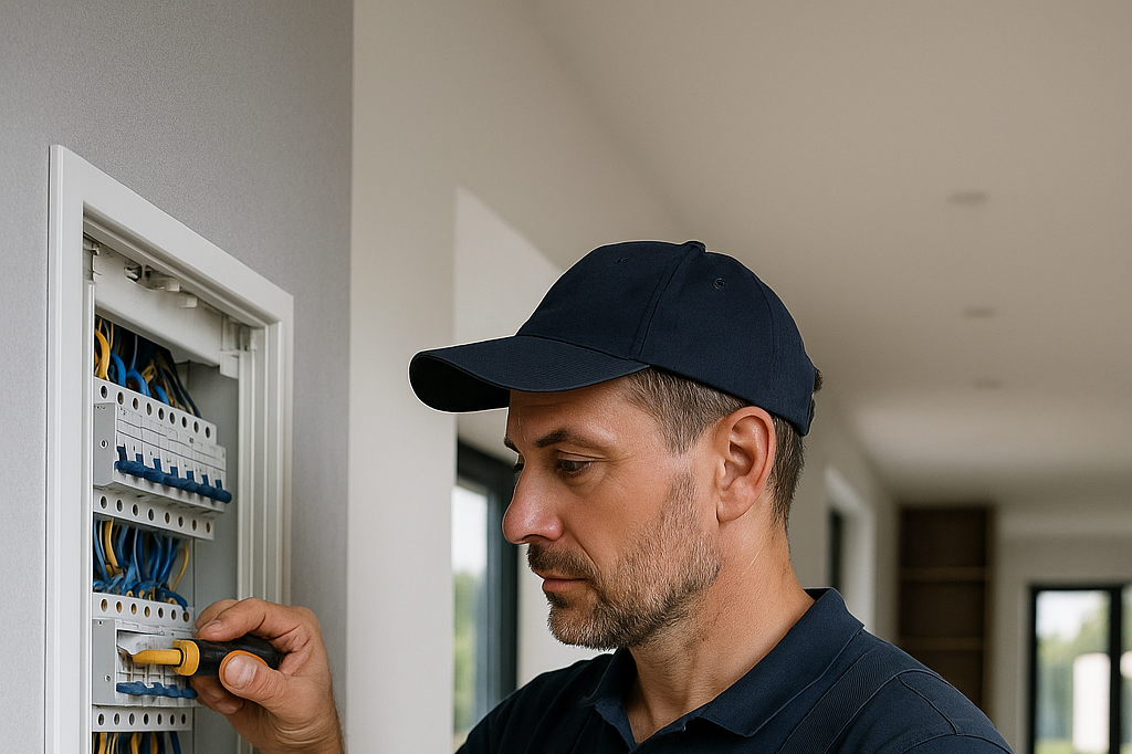 nstalator systemów Smart Home montujący rozdzielnicę w nowoczesnym domu jednorodzinnym