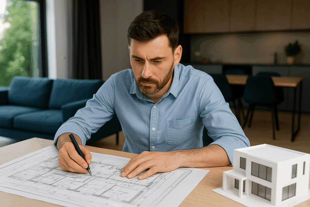 Architekt projektujący nowoczesny dom jednorodzinny przy stole z planami i makietą