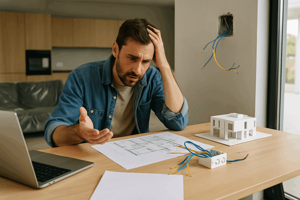 Zestresowany inwestor analizujący chaotyczny projekt instalacji Smart Home bez wcześniejszego planu