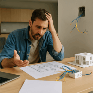 Zestresowany inwestor analizujący chaotyczny projekt instalacji Smart Home bez wcześniejszego planu