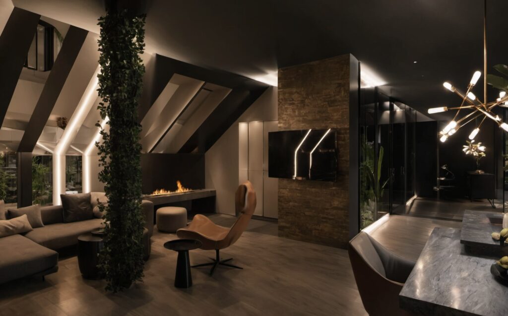 Mężczyzna analizujący kosztorys systemu Smart Home przy stole z planami i makietą nowoczesnego domu